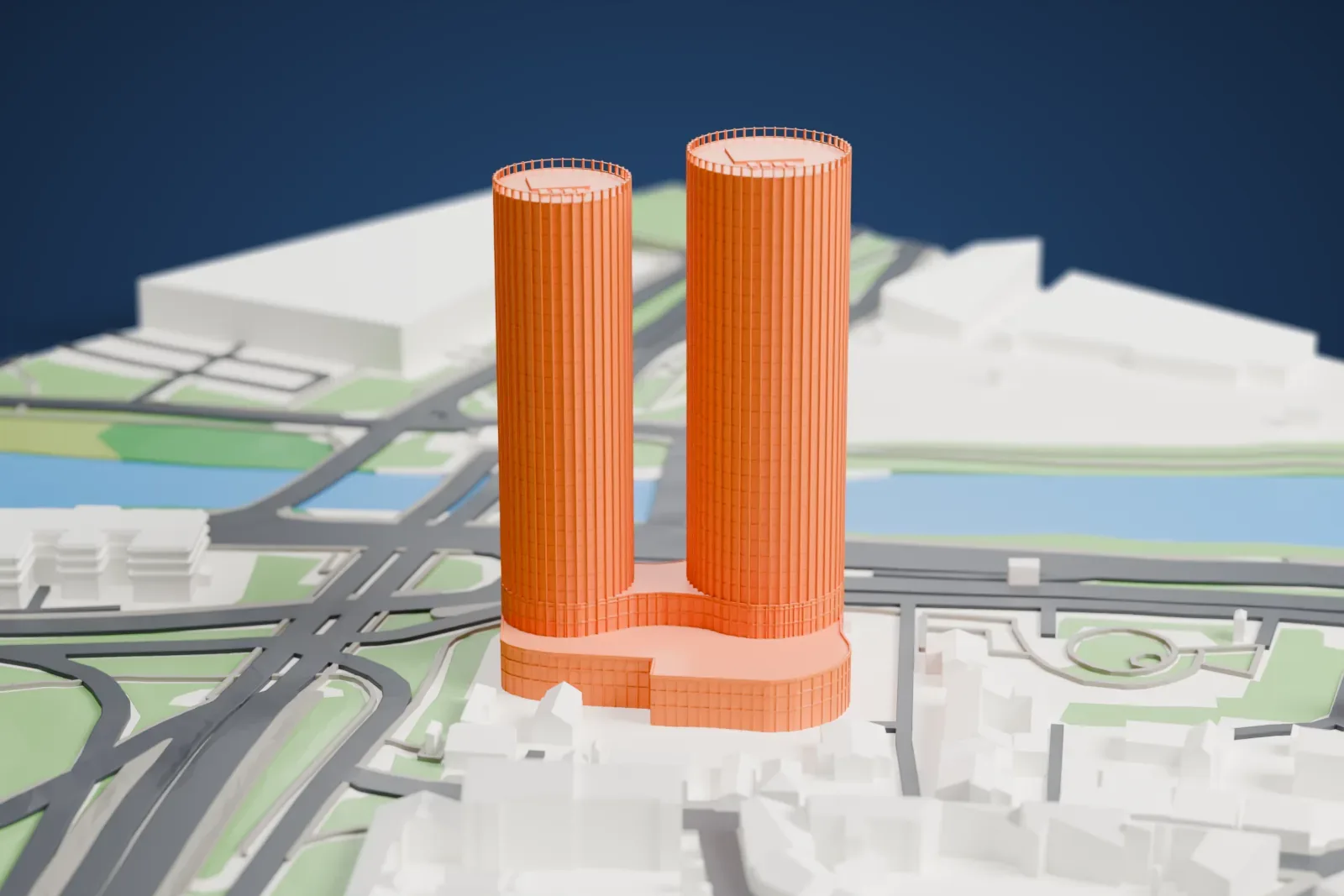 A white 3D print of the Zunda Towers, two round towers of different heights joined at a curved base, beside water and surrounding streets and buildings.