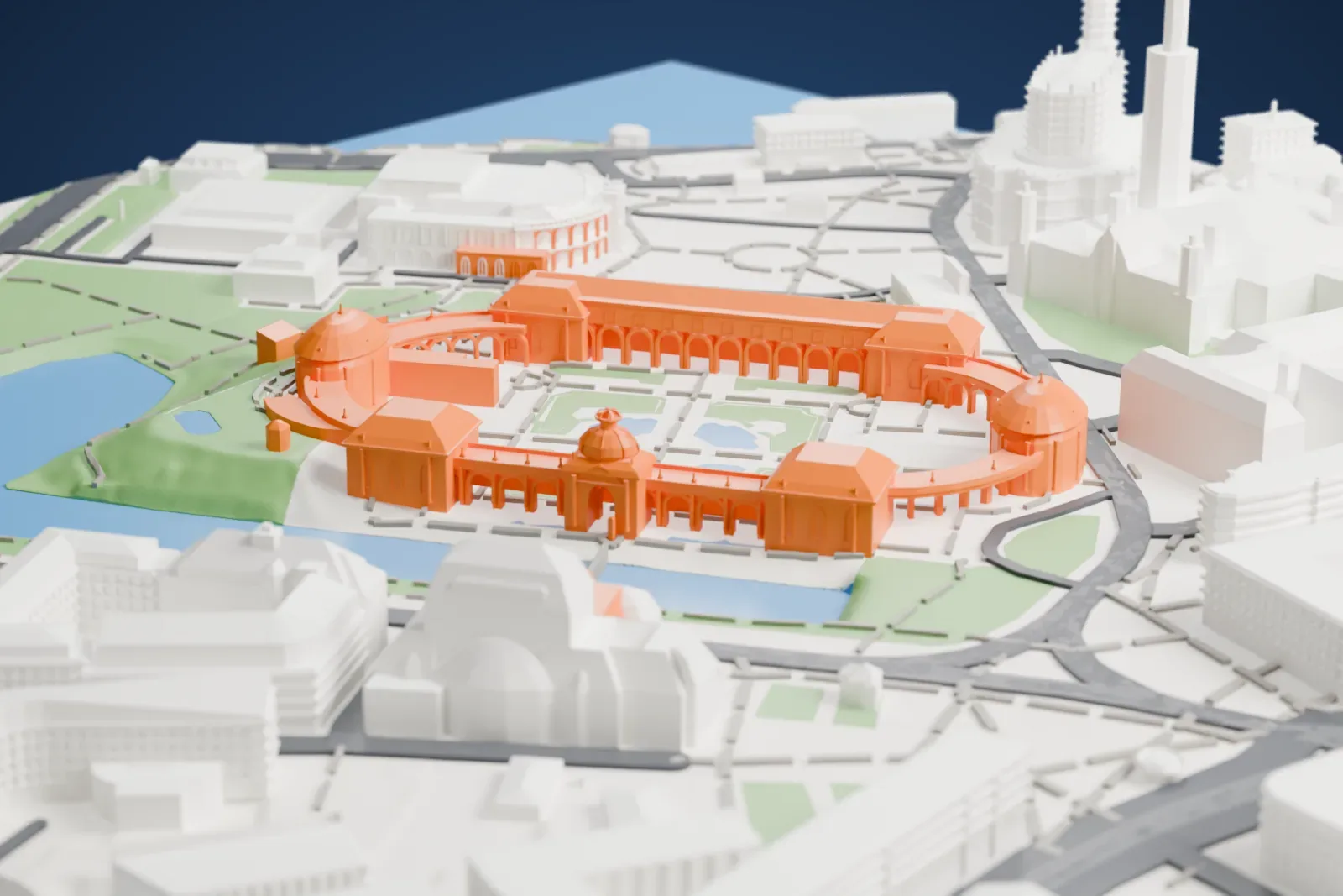 A white 3D print of the Zwinger Palace, a horseshoe of long gallery wings, open arcades and domed pavilions around a garden courtyard, beside a pond and surrounded by streets and city buildings.
