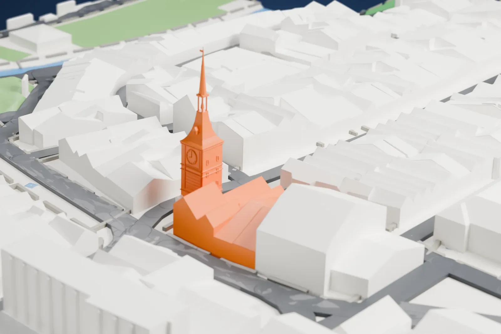 A white 3D print of the Zytglogge, a tower with a gate arch at its base and a tall pointed spire, standing in a narrow street lined with tightly packed buildings.
