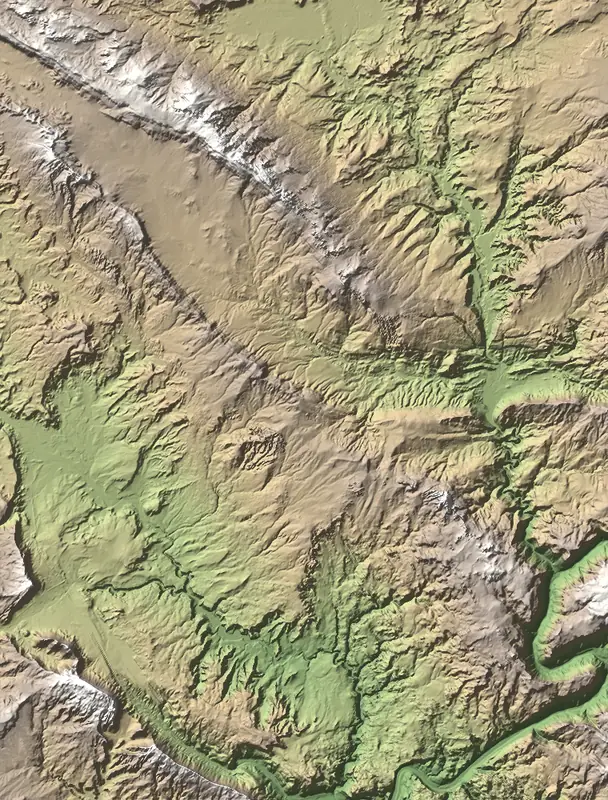 Shaded relief map of Arches National Park, north at the top