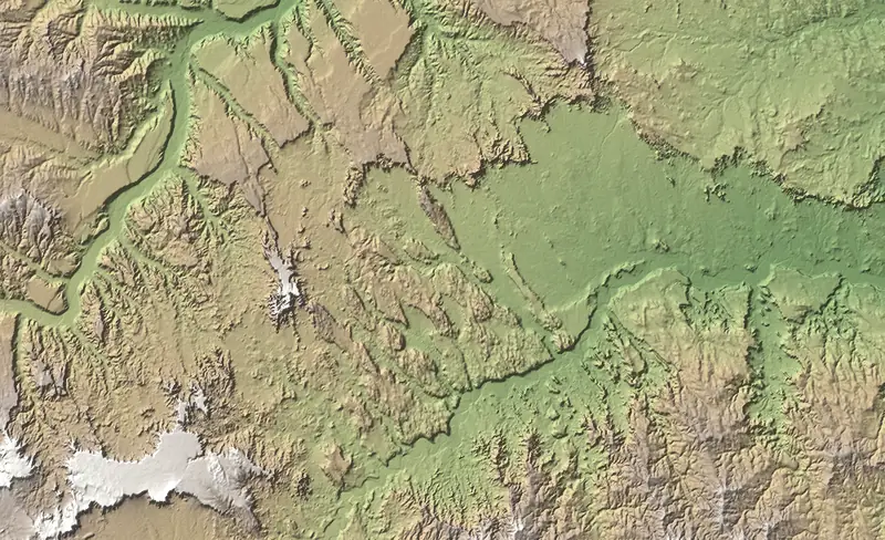 Shaded relief map of Badlands National Park, north at the top