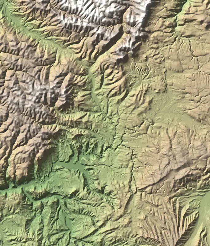 Shaded relief map of Band-e Amir National Park, north at the top