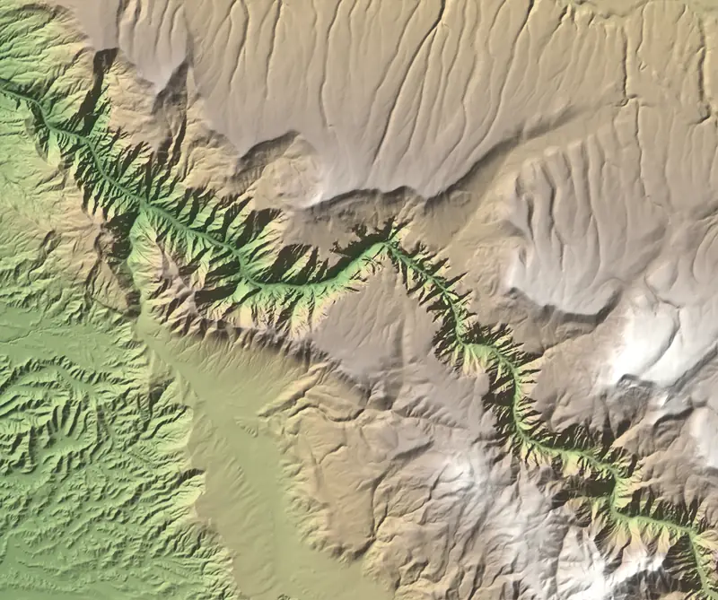 Shaded relief map of Black Canyon of the Gunnison National Park, north at the top