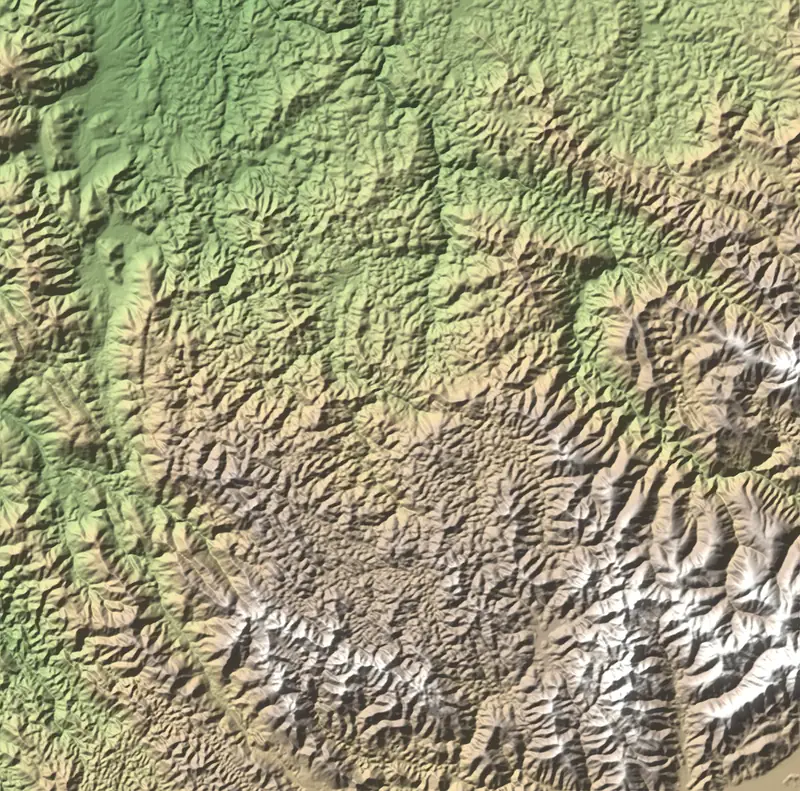 A preview of the Bwindi Impenetrable National Park print, shaded from its elevation
