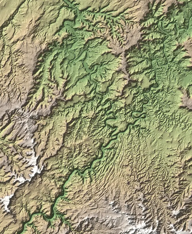 Shaded relief map of Canyonlands National Park, north at the top