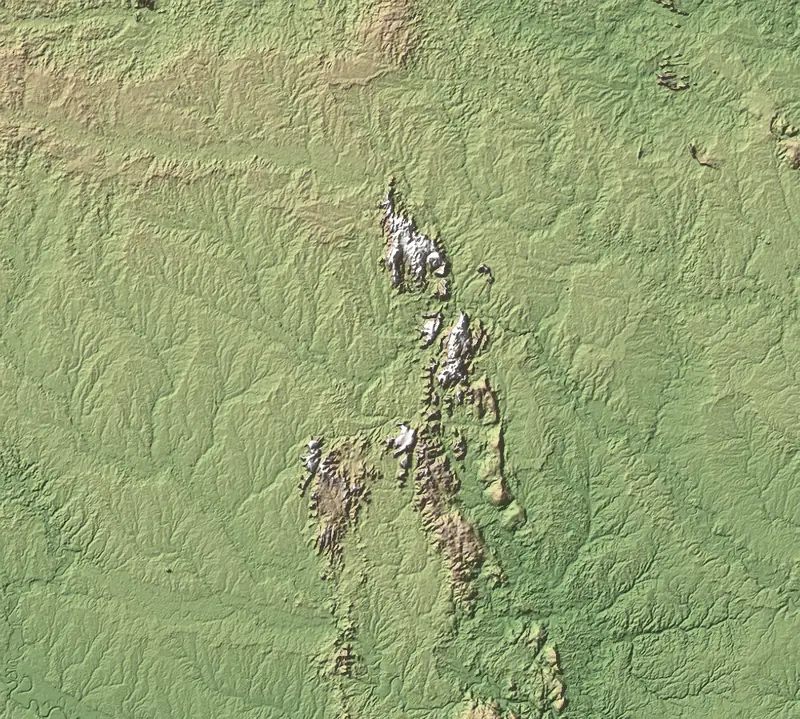 Shaded relief map of Chiribiquete National Park, north at the top