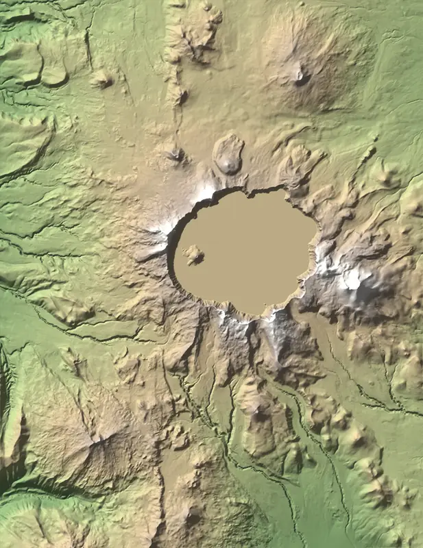 Shaded relief map of Crater Lake National Park, north at the top