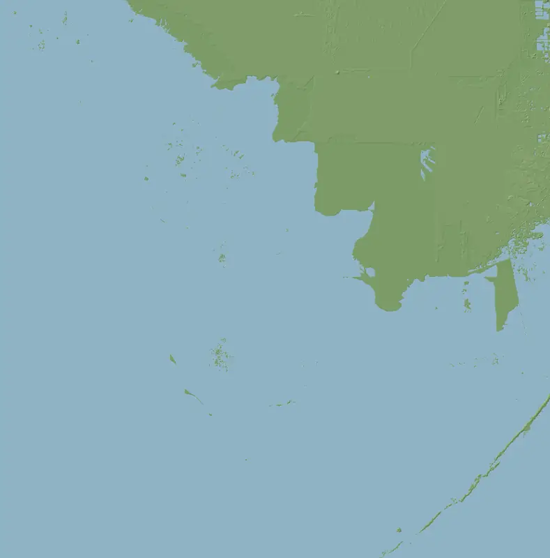 Shaded relief map of Everglades National Park, north at the top