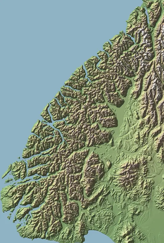 Shaded relief map of Fiordland National Park, north at the top