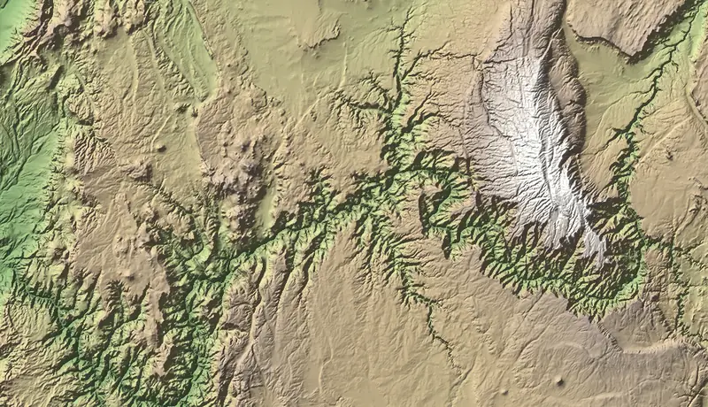 Shaded relief map of Grand Canyon National Park, north at the top