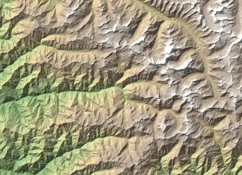 A preview of the Great Himalayan National Park print, shaded from its elevation