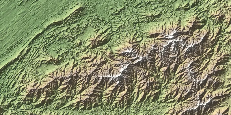 Shaded relief map of Great Smoky Mountains National Park, north at the top