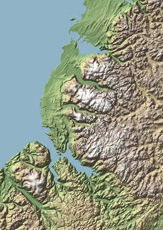 Shaded relief map of Gros Morne National Park, north at the top