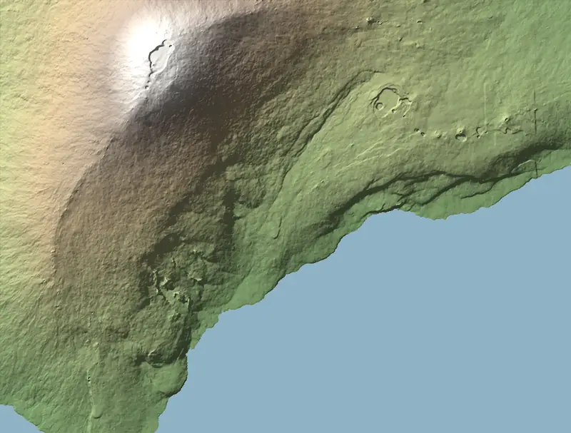 Shaded relief map of Hawaiʻi Volcanoes National Park, north at the top