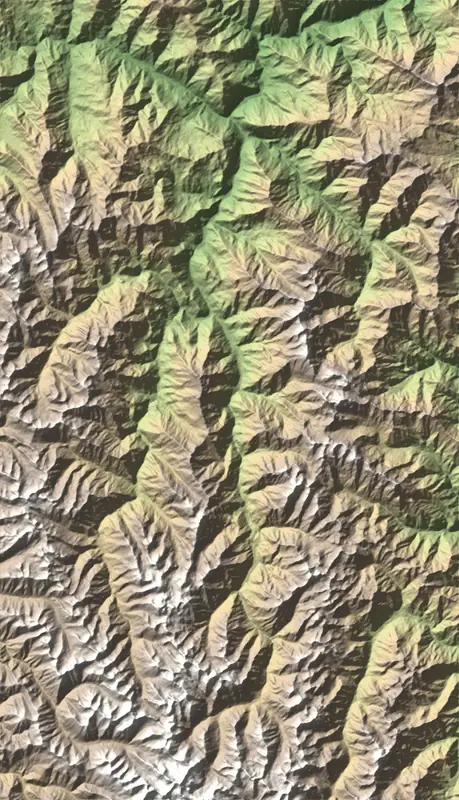 Shaded relief map of Jiuzhaigou Valley, north at the top