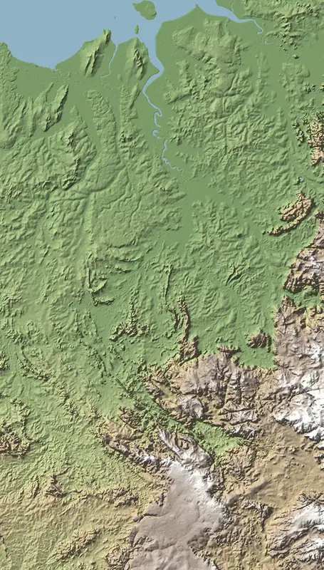 Shaded relief map of Kakadu National Park, north at the top