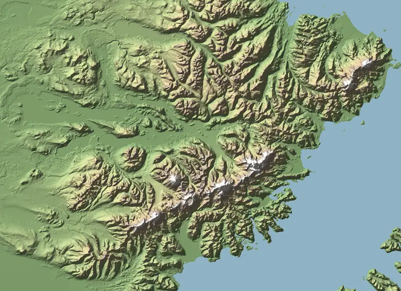 Shaded relief map of Katmai National Park and Preserve, north at the top