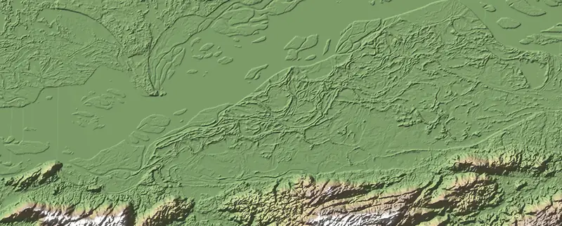 Shaded relief map of Kaziranga National Park, north at the top