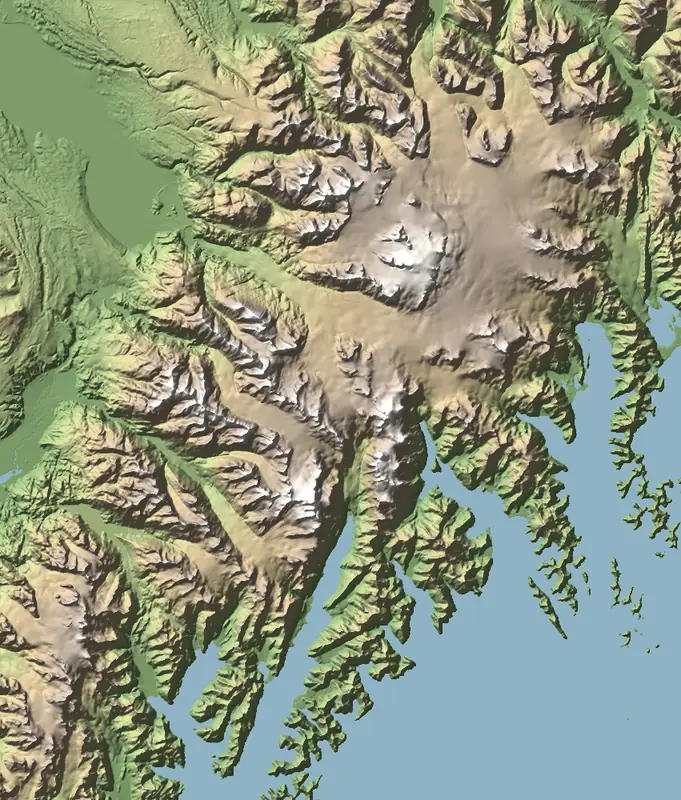 A preview of the Kenai Fjords National Park print, shaded from its elevation