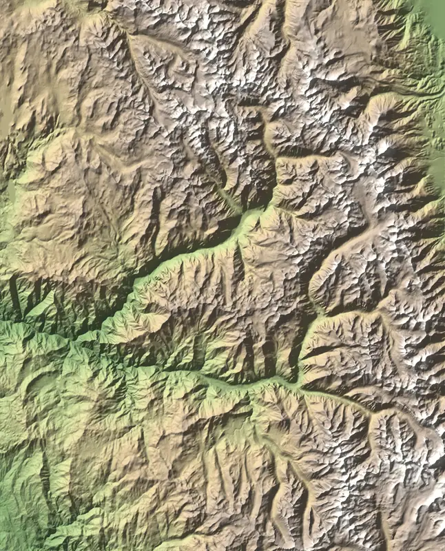 Shaded relief map of Kings Canyon National Park, north at the top