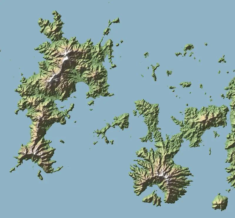 Shaded relief map of Komodo National Park, north at the top