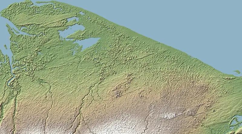 Shaded relief map of Lençóis Maranhenses National Park, north at the top