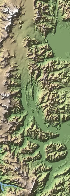 Shaded relief map of Los Glaciares National Park, north at the top