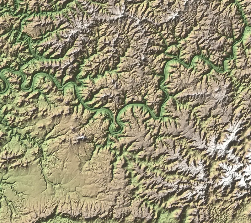 Shaded relief map of Mammoth Cave National Park, north at the top