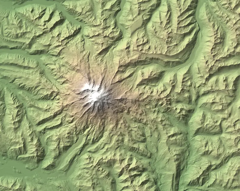 Shaded relief map of Mount Rainier National Park, north at the top