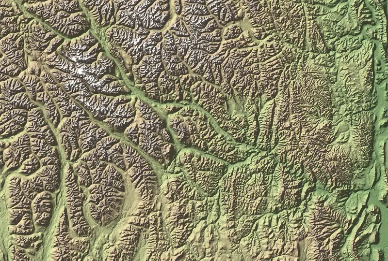 Shaded relief map of Nahanni National Park Reserve, north at the top