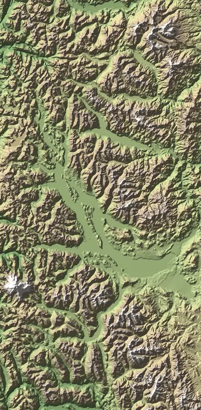 Shaded relief map of Nahuel Huapi National Park, north at the top