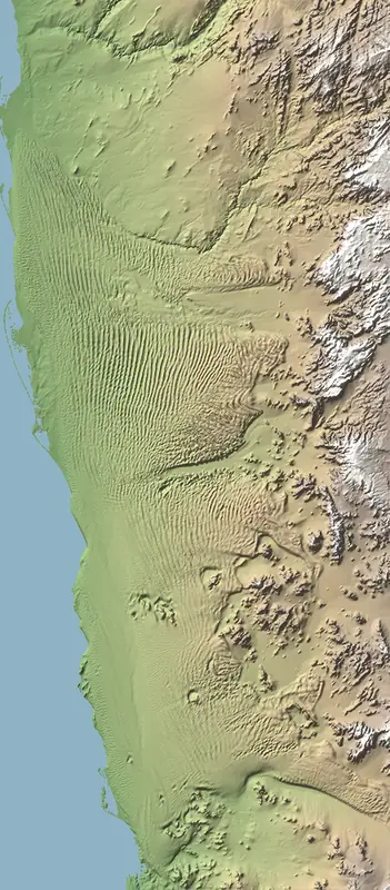 Shaded relief map of Namib-Naukluft National Park, north at the top