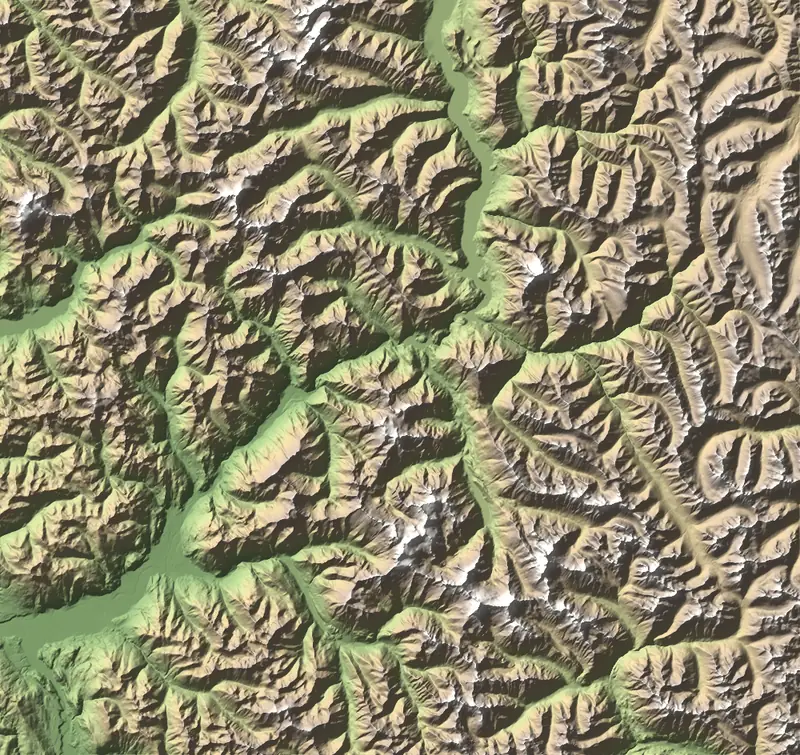 Shaded relief map of North Cascades National Park, north at the top