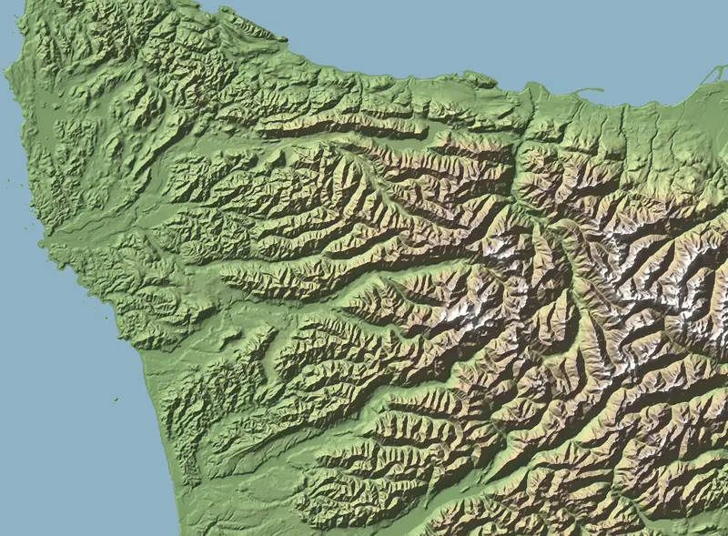 Shaded relief map of Olympic National Park, north at the top