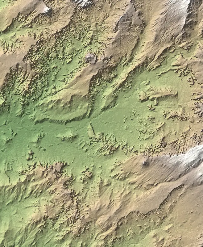 Shaded relief map of Petrified Forest National Park, north at the top