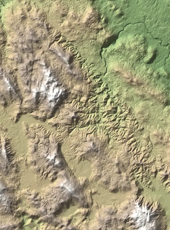 Shaded relief map of Plitvice Lakes National Park, north at the top