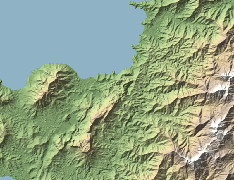 Shaded relief map of Puerto Princesa Subterranean River National Park, north at the top
