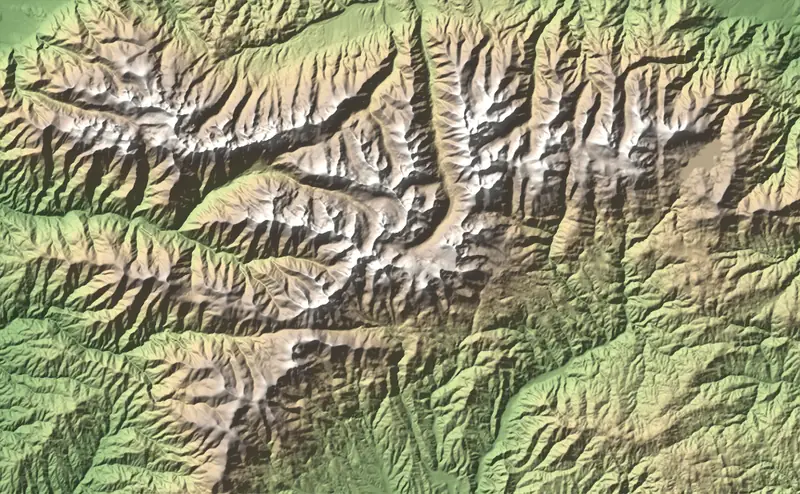 Shaded relief map of Rila National Park, north at the top