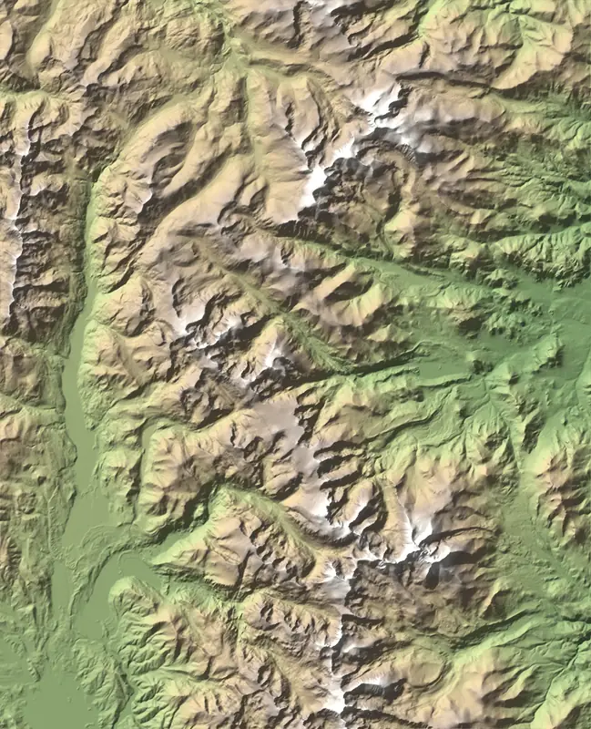 Shaded relief map of Rocky Mountain National Park, north at the top