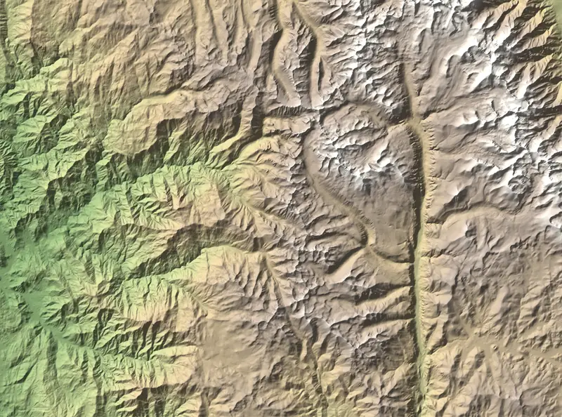 Shaded relief map of Sequoia National Park, north at the top