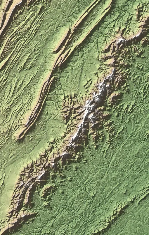 Shaded relief map of Shenandoah National Park, north at the top