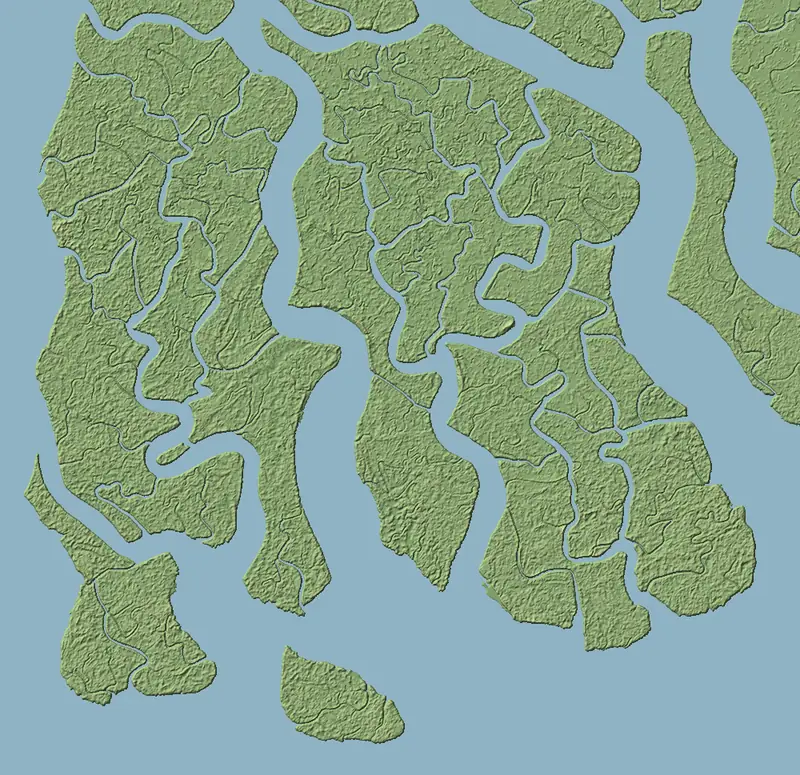 Shaded relief map of Sundarbans National Park, north at the top