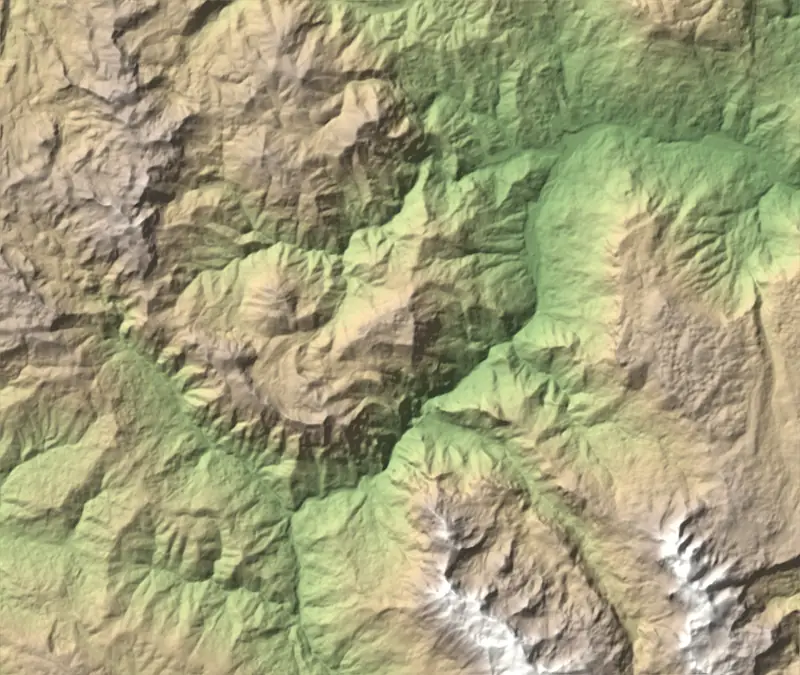 Shaded relief map of Sutjeska National Park, north at the top
