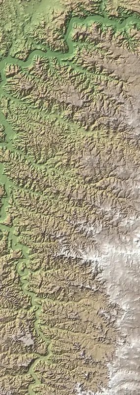 Shaded relief map of Theodore Roosevelt National Park, north at the top