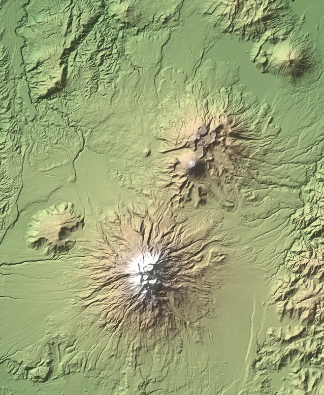 Shaded relief map of Tongariro National Park, north at the top