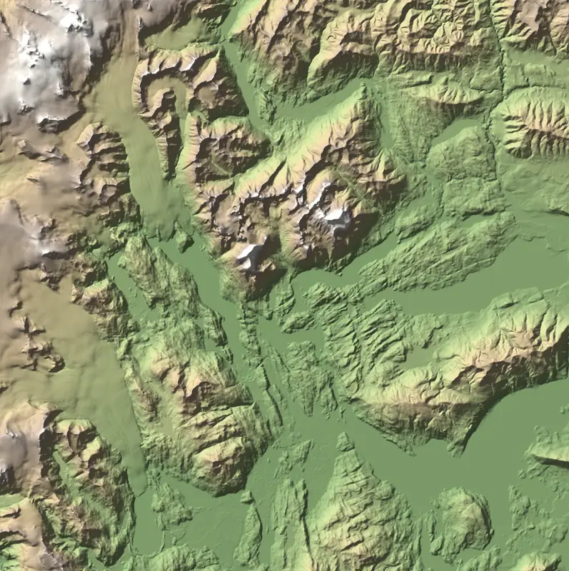 Shaded relief map of Torres del Paine National Park, north at the top