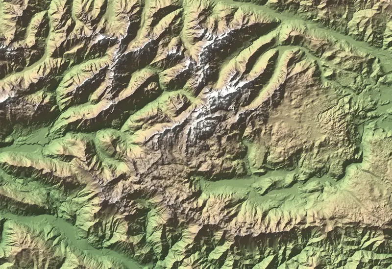 Shaded relief map of Triglav National Park, north at the top