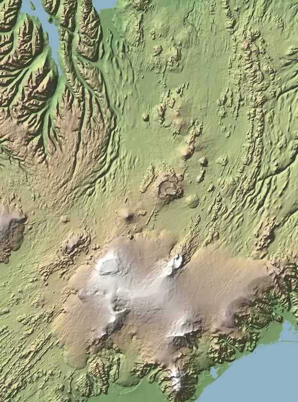Shaded relief map of Vatnajökull National Park, north at the top