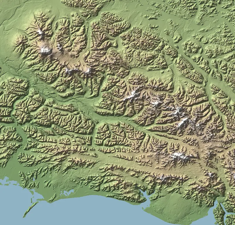 Shaded relief map of Wrangell–St. Elias National Park and Preserve, north at the top