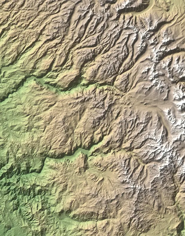 Shaded relief map of Yosemite National Park, north at the top